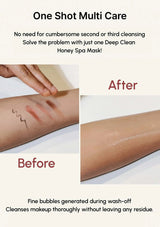 Before and after comparison of a Deep Clean Honey Spa Mask on skin with text describing its benefits.