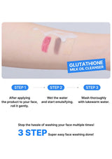 Glutathione milk oil cleanser with application steps on a肤图