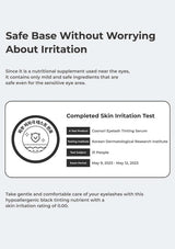 Product information card about a nutritional supplement for eyes with skin irritation test details.