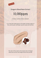 Product packaging for Dragon's Blood Resin Extract with text and a cream sample on a beige background.