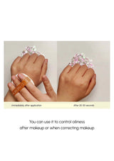 Hands applying a product to a patch, with text indicating its use after makeup correction.