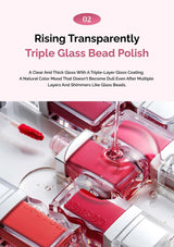 Red lip gloss being applied to a clear applicator with text about 'Rising Transparencely Triple Glass Bead Polish'.