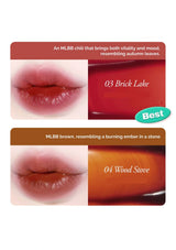 Lipstick color swatches with '03 Brick Lake' and '04 Wood Stove' on a white background