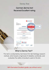 Derma Test certificate with a gold and white dropper bottle on a light gray background