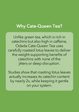 Text explaining Odada Cate-Queen Tea on a green background