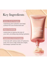 Collagen Firming Sun Cream with key ingredients listed on a pink background