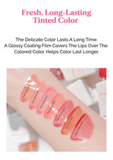 Lip gloss swatches on a arm with text about long-lasting tinted color
