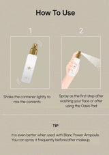 Instructions on how to use a skincare product with a spray bottle on a beige background.