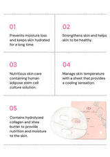 Sheet mask with text describing its benefits on a white background