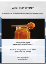 Jar of Altai honey with a honey dipper on a dark background, featuring text about the honey's origin and properties.