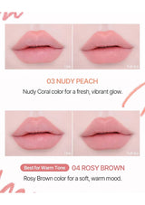 Lip color swatches labeled 'Nudy Peach' and 'Rosy Brown' on a light pink background.