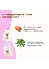 Eco-friendly antibacterial formula and skin moisturizers with grapefruit extract and coconut tree glycerin on a white background.