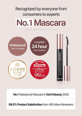 Cosmetic mascara with certification badges on a light pink background