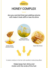 Honey complex infographic with honey extract, rape flower honey, manuka honey, and royal jelly extract illustrations.