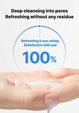 Hand holding a small amount of clear gel with text about deep cleansing and refreshing properties.