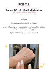 Text description of a natural BB color with a hand applying it on skin, set against a blurred indoor background.
