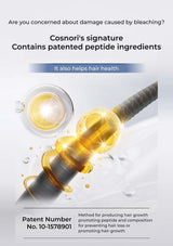 Cosmetics product with dropper and text about patented peptide ingredients for hair health on a white background