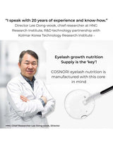 Man in a white coat with text about eyelash growth nutrition and HNC Research Institute.