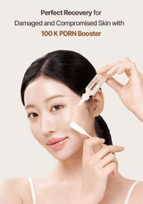Woman applying skincare product with text about 100 K PDRN Booster on a beige background