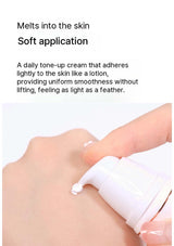 Hand applying cream with text about soft application and uniform smoothness.