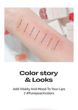 Lip swatches on a person's arm with text indicating color names and a promotional message.