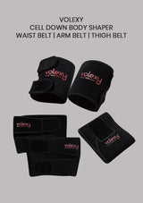Black body shaper belts with 'volexy' branding on a gray background
