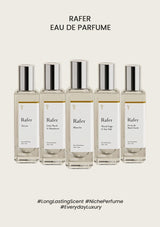 Five bottles of Rafer Eau de Parfum on a white background
