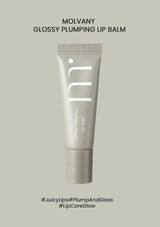 Molvany glossy plumping lip balm tube on a gray background