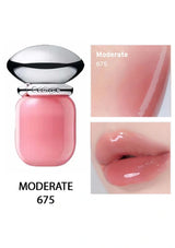 Pink lip gloss with packaging and application on lips