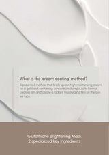 Glutathione Brightening Mask with text about cream coating method and specialized key ingredients.