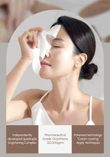 Woman applying a face mask with product features highlighted