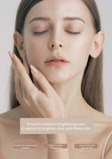 Woman with smooth skin touching her face, with text about powerful radiance brightening care.