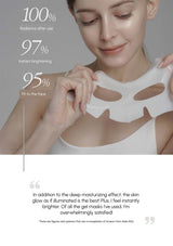 Woman wearing a white gel mask with text on radiance, brightness, and fit to face.