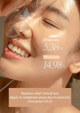 Close-up of a person applying a product to their face with text indicating redness relief clinical test results.