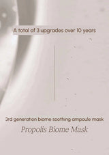 Text on a white background about a 3rd generation biome soothing ampoule mask with propolis.