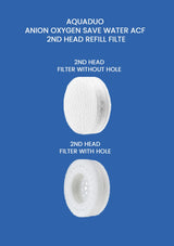 Two white filter components on a blue background with text about Aquaduo filters.