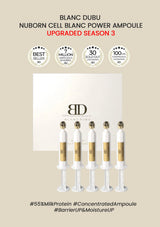Packaging of Blanc Dubu Nuborn Cell Blanc Power Ampoule with product display and branding on a beige background.