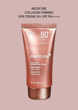 Medicube Collagen Firming Sun Cream 50+ SPF PA+++ on a pink background