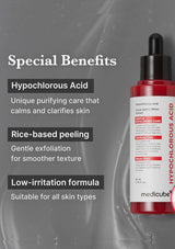 Medicube hypochlorous acid skincare product with benefits listed on a gray background