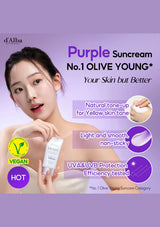 Advertisement for d'Alba Purple Suncream with a woman holding the cream against a purple background.