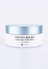 Packaging of K-Secret Instant Relief Eye Gel Patches with Caffeine. The box is predominantly white with a picture of the blue and pink gel patches used for the eyes, and text detailing the product name and key ingredient, Caffeine.