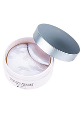 Packaging of K-Secret Instant Relief Eye Gel Patches with Caffeine. The box is predominantly white with a picture of the blue and pink gel patches used for the eyes, and text detailing the product name and key ingredient, Caffeine.