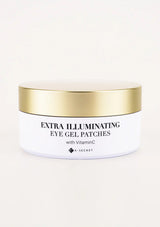 A box of K-Secret Extra Illuminating Eye Gel Patches with Vitamin C, showing the product name and patches in yellow color with a golden spatula.