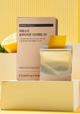 Lyuh Esther Glutathione Direct 5X skincare product shown with its box and a clear jar containing a yellow gel, set on a white pedestal against a bright yellow background with text reading 'Glutathione 5X For Balanced Wellness'.