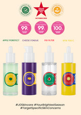 An image showcasing four skincare serum bottles from the brand JULIOLY. Each serum has a distinct color and label, corresponding to different product names and features such as being oil-free and suitable for sensitive skin.