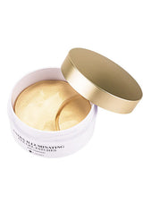 A box of K-Secret Extra Illuminating Eye Gel Patches with Vitamin C, showing the product name and patches in yellow color with a golden spatula.