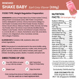Shake Baby Earl Grey Flavor nutrition label with ingredients and directions.
