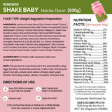 Shake Baby Matcha Flavor packaging with nutritional information and ingredients list.