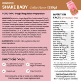 Shake Baby Coffee Flavor nutrition label with ingredients and directions.