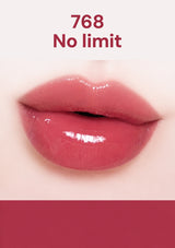 Close-up of lips wearing a pink lipstick with '768 No limit' text.